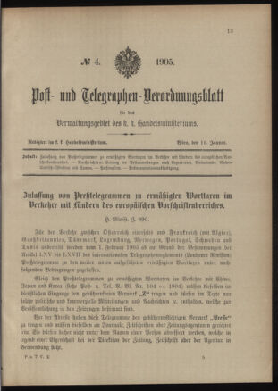 Post- und Telegraphen-Verordnungsblatt für das Verwaltungsgebiet des K.-K. Handelsministeriums 19050116 Seite: 1