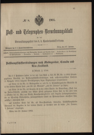 Post- und Telegraphen-Verordnungsblatt für das Verwaltungsgebiet des K.-K. Handelsministeriums 19050127 Seite: 1