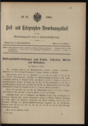 Post- und Telegraphen-Verordnungsblatt für das Verwaltungsgebiet des K.-K. Handelsministeriums 19050214 Seite: 1