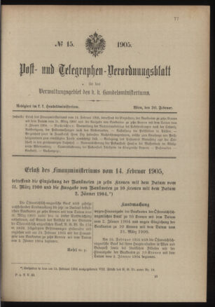 Post- und Telegraphen-Verordnungsblatt für das Verwaltungsgebiet des K.-K. Handelsministeriums 19050220 Seite: 1