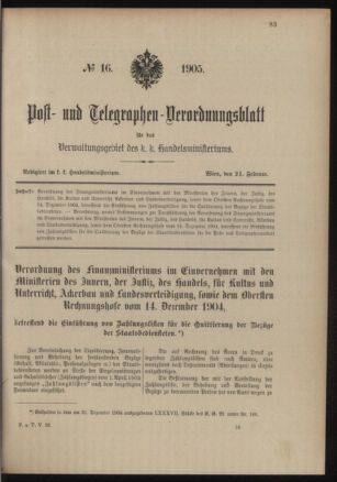 Post- und Telegraphen-Verordnungsblatt für das Verwaltungsgebiet des K.-K. Handelsministeriums 19050221 Seite: 1