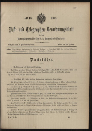 Post- und Telegraphen-Verordnungsblatt für das Verwaltungsgebiet des K.-K. Handelsministeriums 19050223 Seite: 1