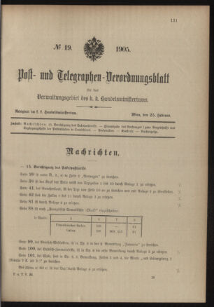 Post- und Telegraphen-Verordnungsblatt für das Verwaltungsgebiet des K.-K. Handelsministeriums 19050225 Seite: 1