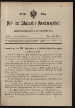 Post- und Telegraphen-Verordnungsblatt für das Verwaltungsgebiet des K.-K. Handelsministeriums 19050227 Seite: 1