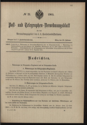 Post- und Telegraphen-Verordnungsblatt für das Verwaltungsgebiet des K.-K. Handelsministeriums