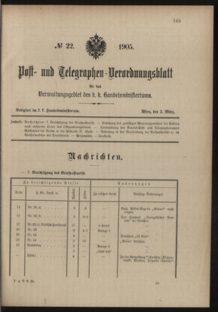 Post- und Telegraphen-Verordnungsblatt für das Verwaltungsgebiet des K.-K. Handelsministeriums 19050303 Seite: 1