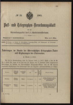 Post- und Telegraphen-Verordnungsblatt für das Verwaltungsgebiet des K.-K. Handelsministeriums 19050306 Seite: 1