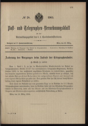 Post- und Telegraphen-Verordnungsblatt für das Verwaltungsgebiet des K.-K. Handelsministeriums 19050320 Seite: 1