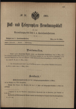 Post- und Telegraphen-Verordnungsblatt für das Verwaltungsgebiet des K.-K. Handelsministeriums 19050329 Seite: 1