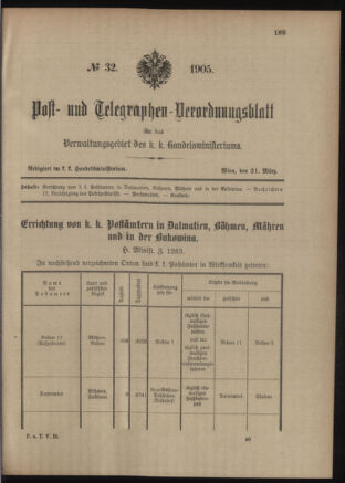 Post- und Telegraphen-Verordnungsblatt für das Verwaltungsgebiet des K.-K. Handelsministeriums 19050331 Seite: 1