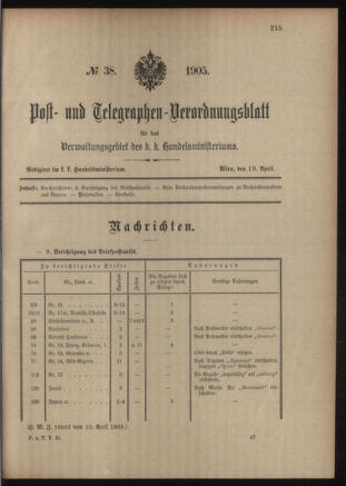 Post- und Telegraphen-Verordnungsblatt für das Verwaltungsgebiet des K.-K. Handelsministeriums 19050419 Seite: 1