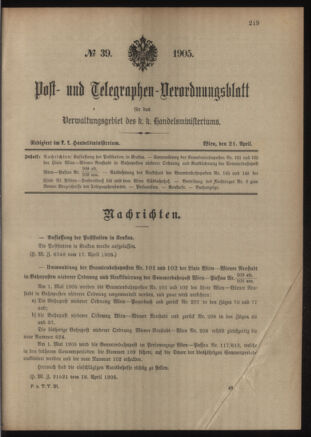 Post- und Telegraphen-Verordnungsblatt für das Verwaltungsgebiet des K.-K. Handelsministeriums 19050421 Seite: 1