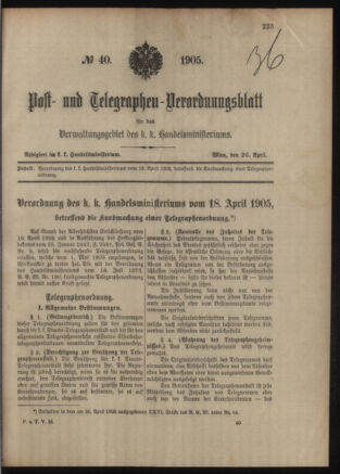 Post- und Telegraphen-Verordnungsblatt für das Verwaltungsgebiet des K.-K. Handelsministeriums 19050426 Seite: 1