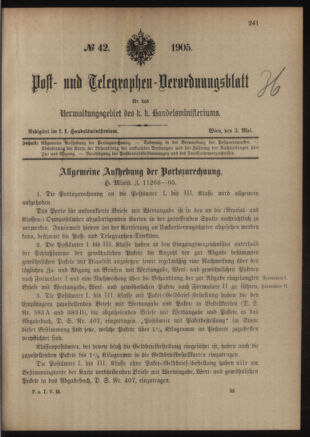 Post- und Telegraphen-Verordnungsblatt für das Verwaltungsgebiet des K.-K. Handelsministeriums 19050503 Seite: 1