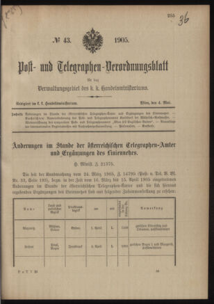 Post- und Telegraphen-Verordnungsblatt für das Verwaltungsgebiet des K.-K. Handelsministeriums 19050504 Seite: 1