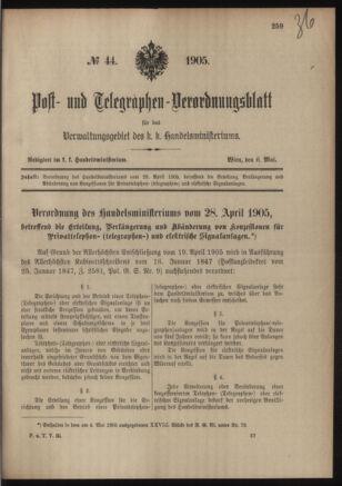 Post- und Telegraphen-Verordnungsblatt für das Verwaltungsgebiet des K.-K. Handelsministeriums 19050506 Seite: 1