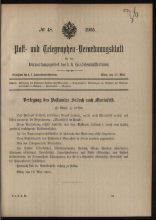 Post- und Telegraphen-Verordnungsblatt für das Verwaltungsgebiet des K.-K. Handelsministeriums 19050517 Seite: 1