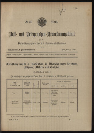 Post- und Telegraphen-Verordnungsblatt für das Verwaltungsgebiet des K.-K. Handelsministeriums 19050519 Seite: 1