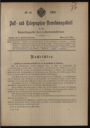 Post- und Telegraphen-Verordnungsblatt für das Verwaltungsgebiet des K.-K. Handelsministeriums 19050527 Seite: 1