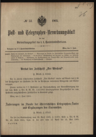 Post- und Telegraphen-Verordnungsblatt für das Verwaltungsgebiet des K.-K. Handelsministeriums 19050603 Seite: 1