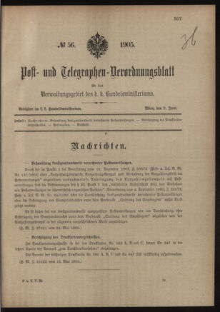 Post- und Telegraphen-Verordnungsblatt für das Verwaltungsgebiet des K.-K. Handelsministeriums 19050609 Seite: 1