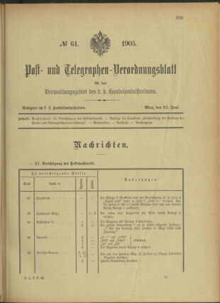 Post- und Telegraphen-Verordnungsblatt für das Verwaltungsgebiet des K.-K. Handelsministeriums 19050623 Seite: 1