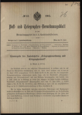 Post- und Telegraphen-Verordnungsblatt für das Verwaltungsgebiet des K.-K. Handelsministeriums 19050628 Seite: 1