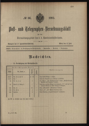 Post- und Telegraphen-Verordnungsblatt für das Verwaltungsgebiet des K.-K. Handelsministeriums 19050704 Seite: 1