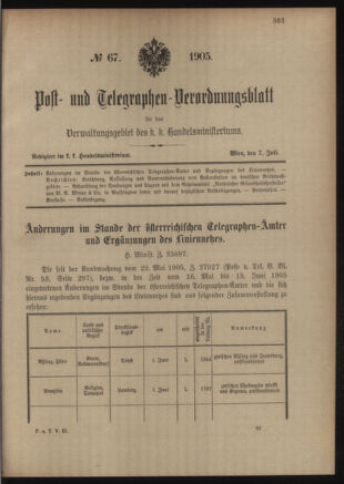 Post- und Telegraphen-Verordnungsblatt für das Verwaltungsgebiet des K.-K. Handelsministeriums 19050707 Seite: 1