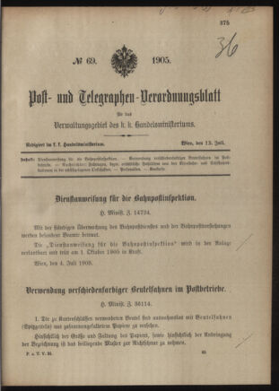 Post- und Telegraphen-Verordnungsblatt für das Verwaltungsgebiet des K.-K. Handelsministeriums 19050713 Seite: 1