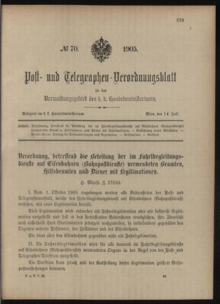 Post- und Telegraphen-Verordnungsblatt für das Verwaltungsgebiet des K.-K. Handelsministeriums 19050714 Seite: 1