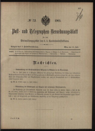 Post- und Telegraphen-Verordnungsblatt für das Verwaltungsgebiet des K.-K. Handelsministeriums 19050719 Seite: 1