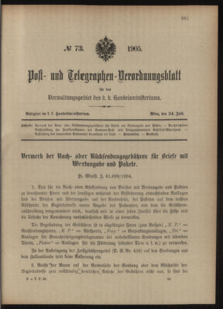 Post- und Telegraphen-Verordnungsblatt für das Verwaltungsgebiet des K.-K. Handelsministeriums 19050724 Seite: 1