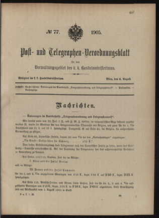 Post- und Telegraphen-Verordnungsblatt für das Verwaltungsgebiet des K.-K. Handelsministeriums 19050804 Seite: 1