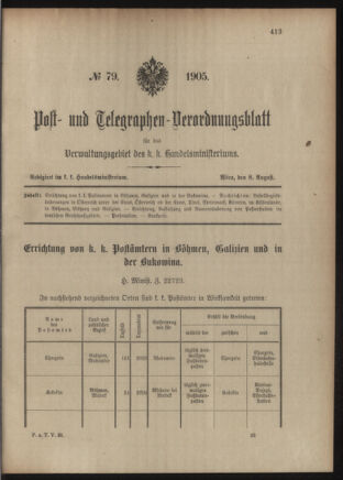 Post- und Telegraphen-Verordnungsblatt für das Verwaltungsgebiet des K.-K. Handelsministeriums 19050808 Seite: 1