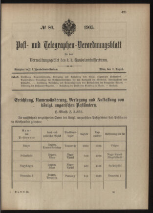 Post- und Telegraphen-Verordnungsblatt für das Verwaltungsgebiet des K.-K. Handelsministeriums 19050809 Seite: 1