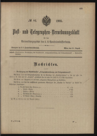 Post- und Telegraphen-Verordnungsblatt für das Verwaltungsgebiet des K.-K. Handelsministeriums 19050821 Seite: 1