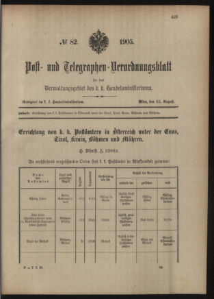 Post- und Telegraphen-Verordnungsblatt für das Verwaltungsgebiet des K.-K. Handelsministeriums 19050825 Seite: 1