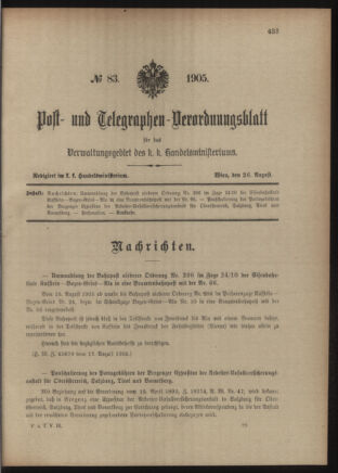 Post- und Telegraphen-Verordnungsblatt für das Verwaltungsgebiet des K.-K. Handelsministeriums 19050826 Seite: 1