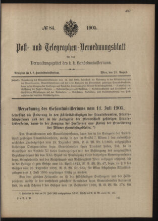 Post- und Telegraphen-Verordnungsblatt für das Verwaltungsgebiet des K.-K. Handelsministeriums 19050829 Seite: 1