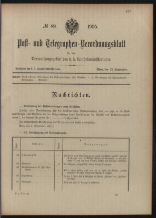 Post- und Telegraphen-Verordnungsblatt für das Verwaltungsgebiet des K.-K. Handelsministeriums 19050912 Seite: 1