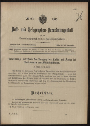 Post- und Telegraphen-Verordnungsblatt für das Verwaltungsgebiet des K.-K. Handelsministeriums 19050918 Seite: 1