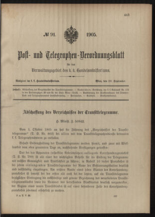 Post- und Telegraphen-Verordnungsblatt für das Verwaltungsgebiet des K.-K. Handelsministeriums 19050920 Seite: 1