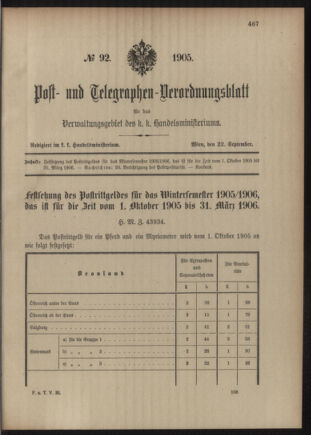 Post- und Telegraphen-Verordnungsblatt für das Verwaltungsgebiet des K.-K. Handelsministeriums 19050922 Seite: 1