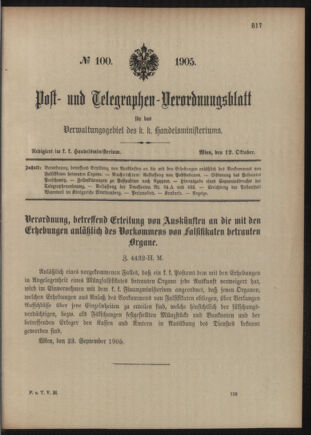 Post- und Telegraphen-Verordnungsblatt für das Verwaltungsgebiet des K.-K. Handelsministeriums 19051012 Seite: 1