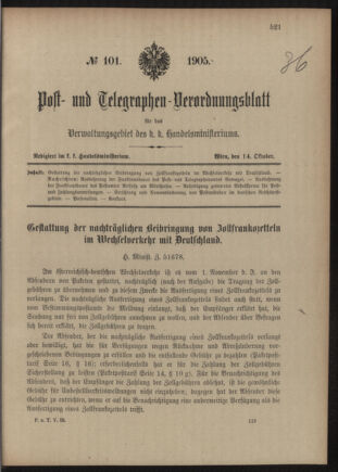 Post- und Telegraphen-Verordnungsblatt für das Verwaltungsgebiet des K.-K. Handelsministeriums 19051014 Seite: 1