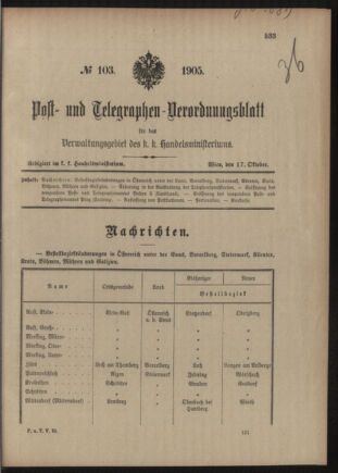 Post- und Telegraphen-Verordnungsblatt für das Verwaltungsgebiet des K.-K. Handelsministeriums 19051017 Seite: 1