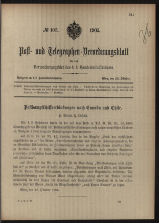 Post- und Telegraphen-Verordnungsblatt für das Verwaltungsgebiet des K.-K. Handelsministeriums 19051023 Seite: 1