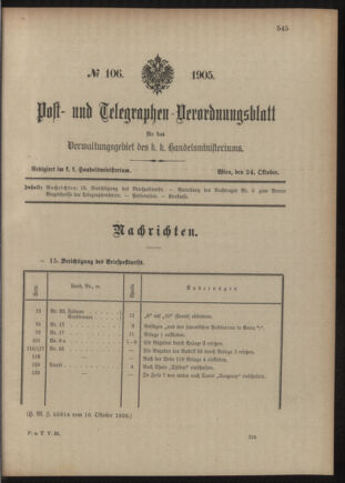 Post- und Telegraphen-Verordnungsblatt für das Verwaltungsgebiet des K.-K. Handelsministeriums 19051024 Seite: 1