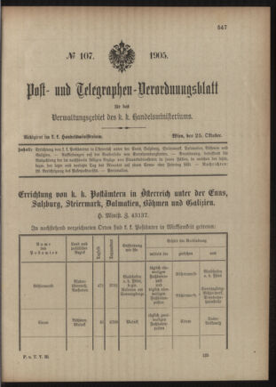 Post- und Telegraphen-Verordnungsblatt für das Verwaltungsgebiet des K.-K. Handelsministeriums 19051025 Seite: 1